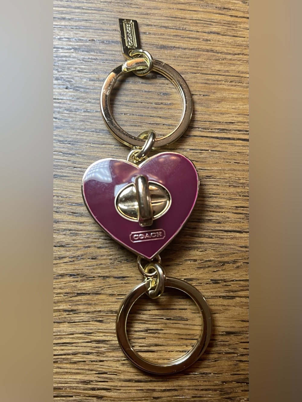 Coach Heart Turnlock Key Ring Bag Charm Gold Tone Pink Enamel Keychain